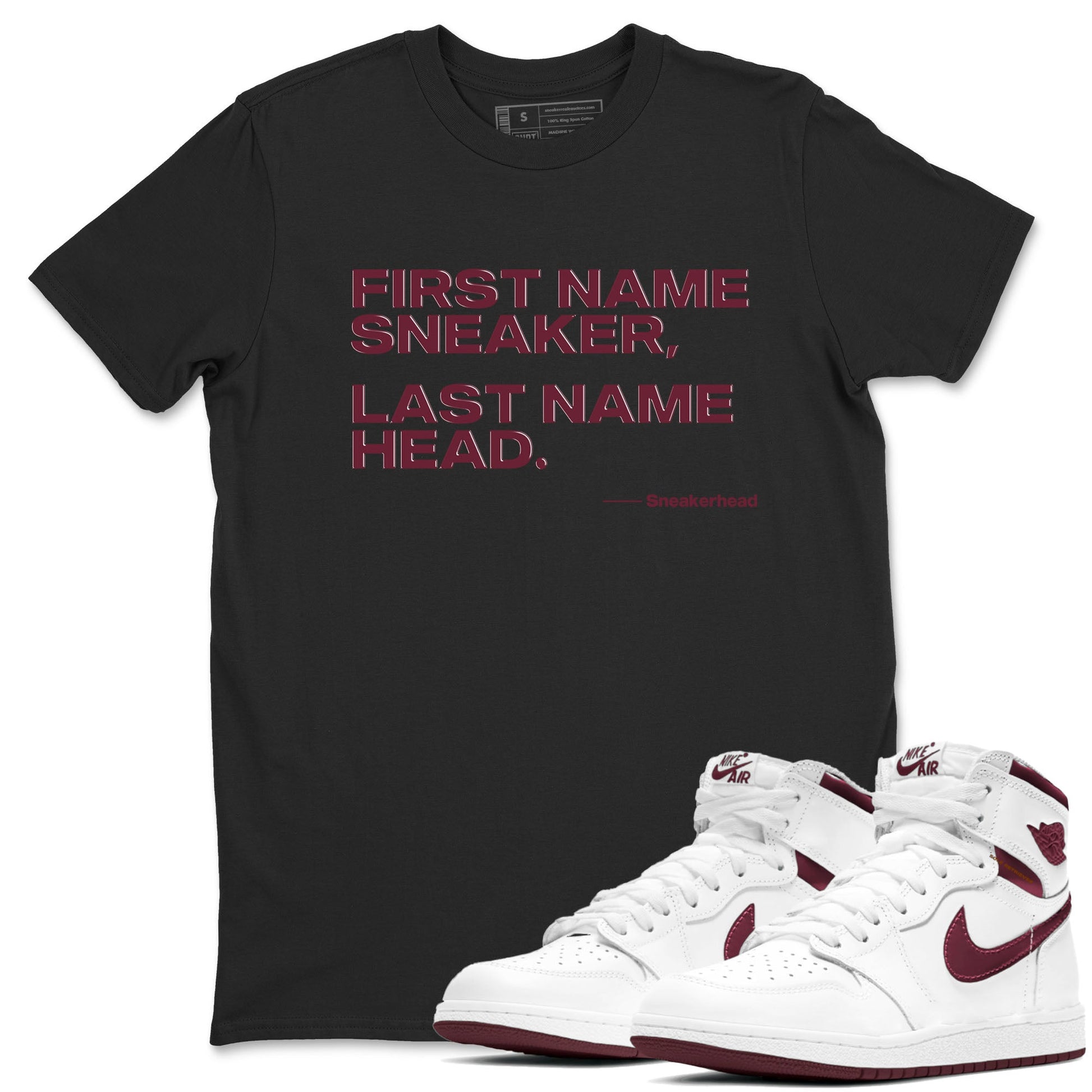 AJ1 High '85 Metallic Burgundy shirts to match jordans My Name Is Sneakerhead sneaker match tees 1s High '85 Metallic Burgundy SNRT Sneaker Tees streetwear brand Black 1 unisex cotton tee