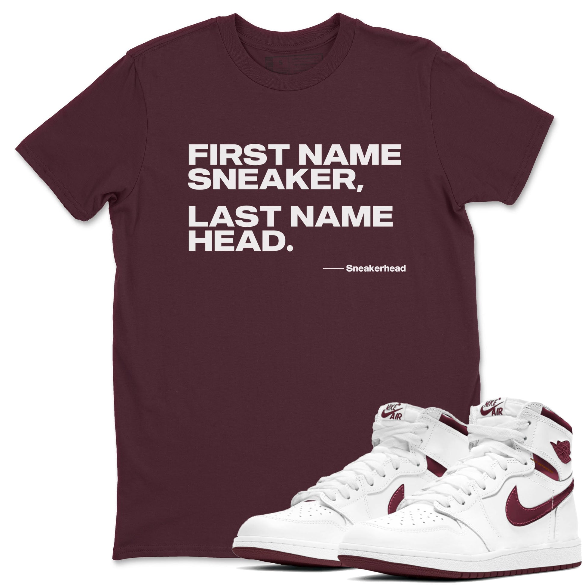 AJ1 High '85 Metallic Burgundy shirts to match jordans My Name Is Sneakerhead sneaker match tees 1s High '85 Metallic Burgundy SNRT Sneaker Tees streetwear brand Maroon 1 unisex cotton tee