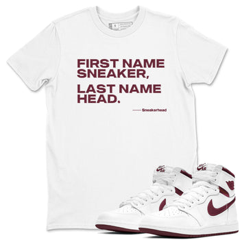 AJ1 High '85 Metallic Burgundy shirts to match jordans My Name Is Sneakerhead sneaker match tees 1s High '85 Metallic Burgundy SNRT Sneaker Tees streetwear brand White 1 unisex cotton tee