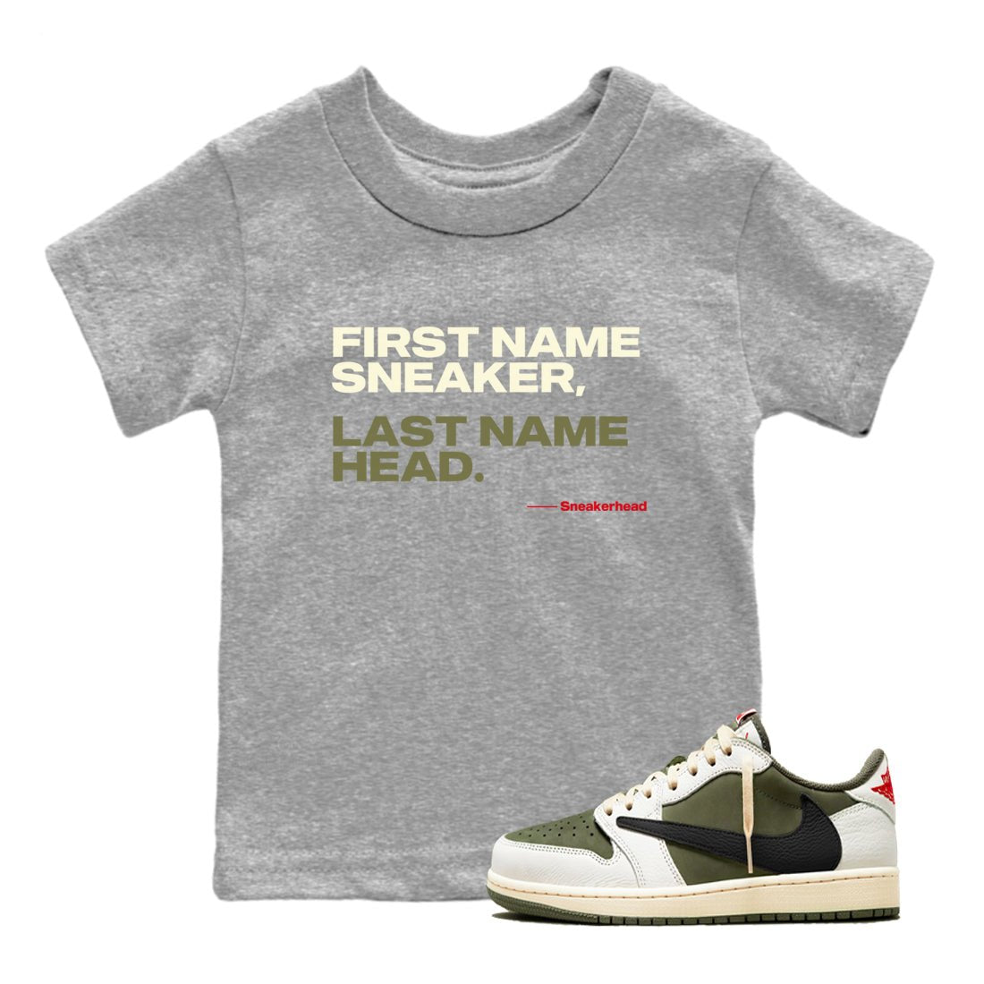 My Name Is Sneakerhead SNRT Sneaker Tees Kids - Air Jordan 1 Travis Scott Medium Olive - SNRT Sneaker T-shirts