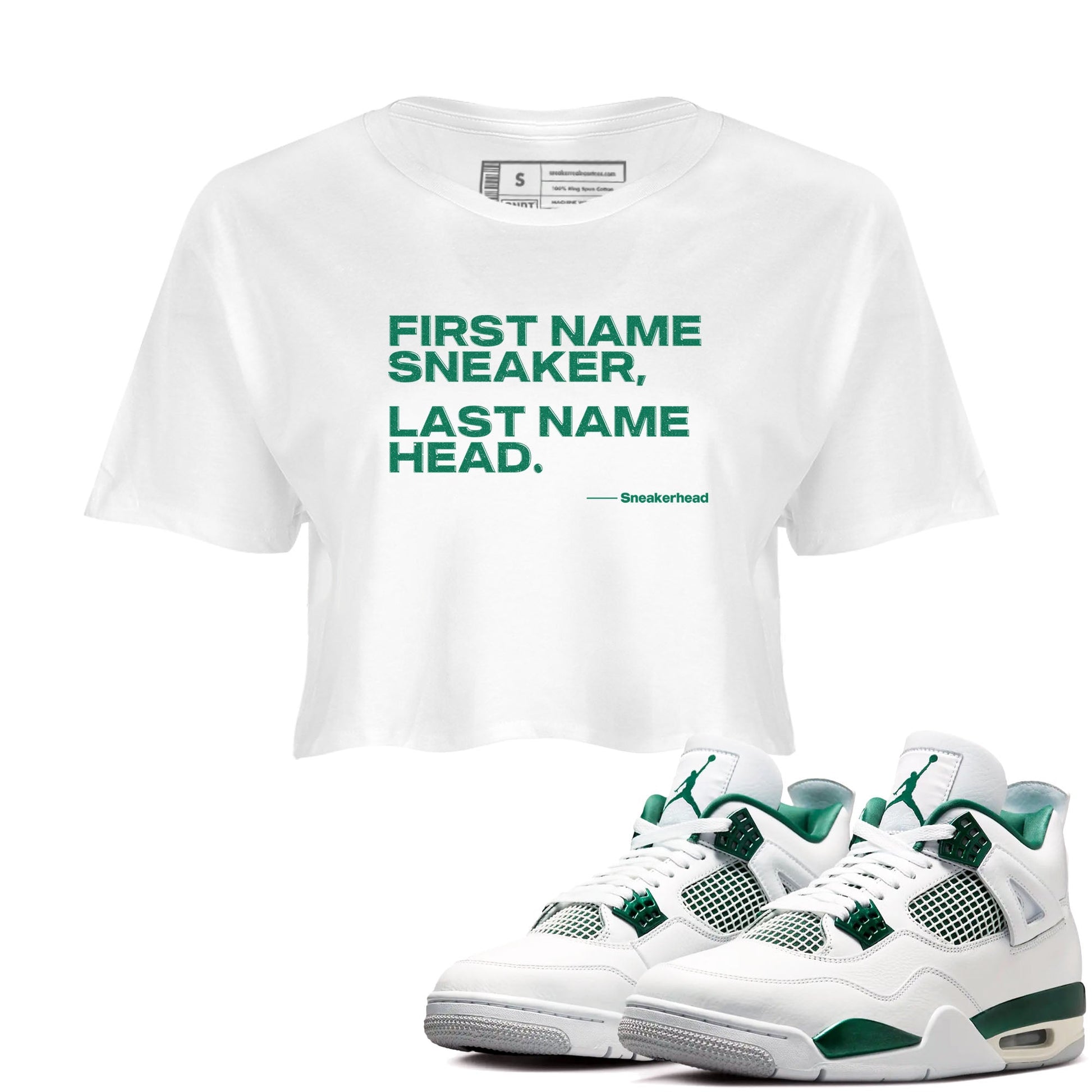 4s Oxidized Green shirts to match jordans My Name Is Sneakerhead sneaker match tees Air Jordan 4 Oxidized Green SNRT Sneaker Tees streetwear brand White 1 crop tee