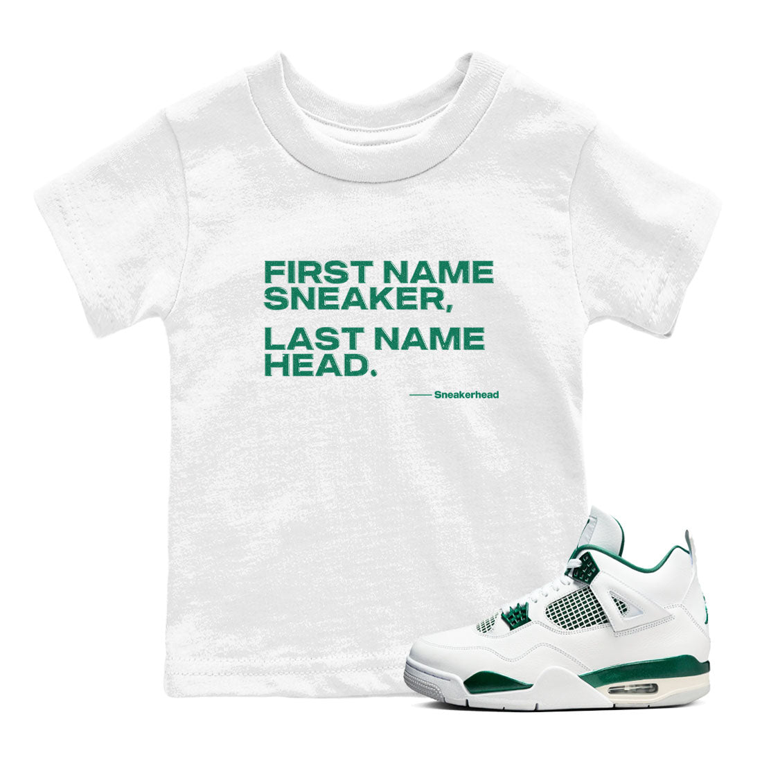 4s Oxidized Green shirts to match jordans My Name Is Sneakerhead sneaker match tees Air Jordan 4 Oxidized Green SNRT Sneaker Tees streetwear brand Baby and Youth White 1 cotton tee