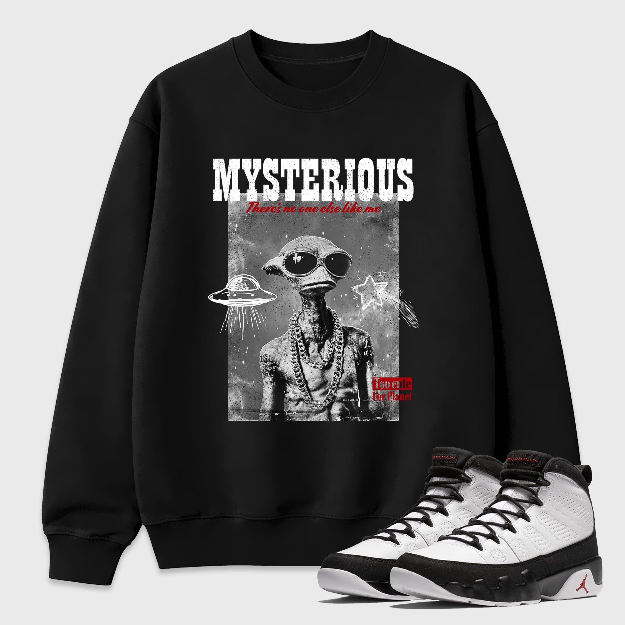 Mysterious Dude Graphic T-Shirt featuring original streetwear artwork designed to match the Air Jordan 9 True Red. Black 1 Graphic Tee.