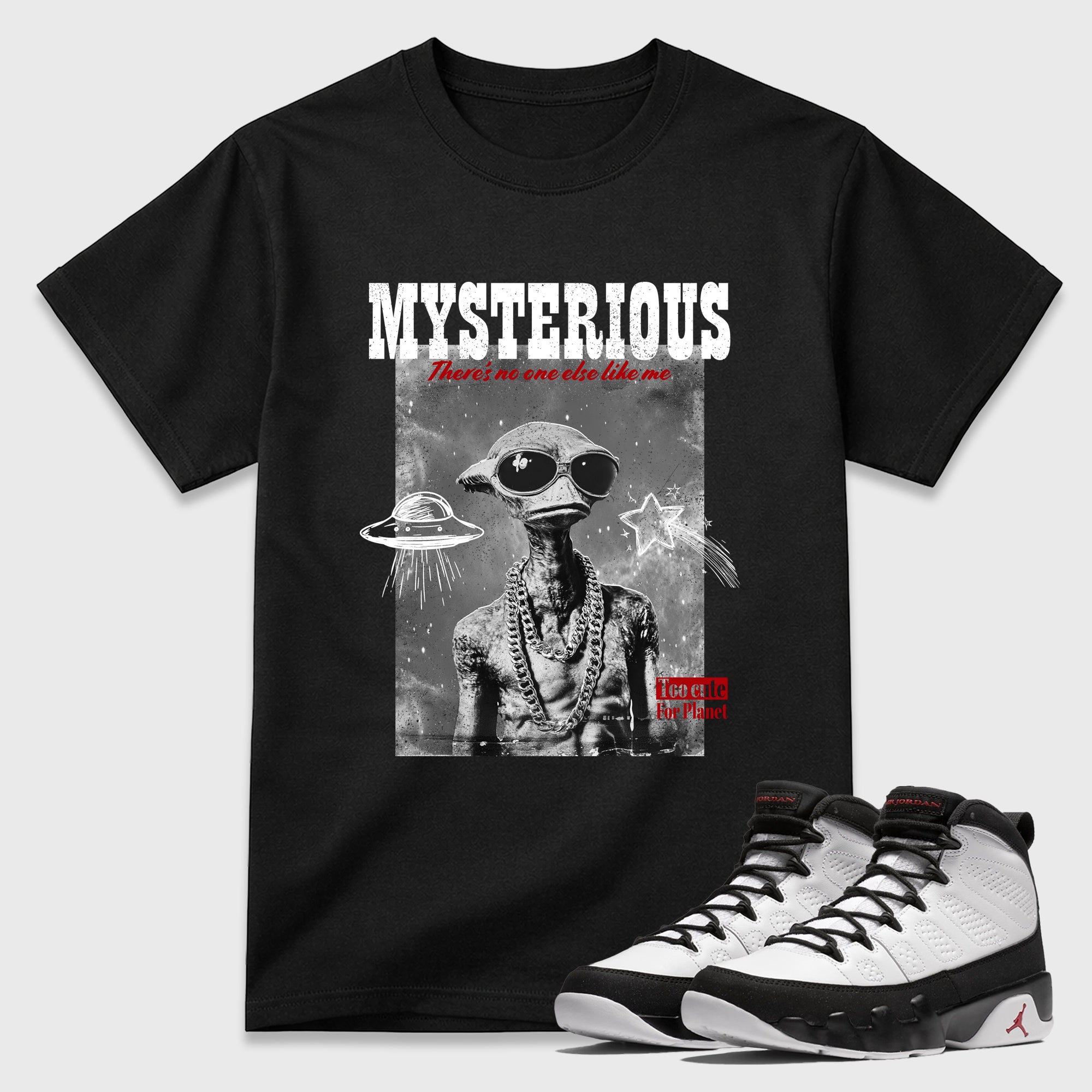 Mysterious Dude Graphic T-Shirt featuring original streetwear artwork designed to match the Air Jordan 9 True Red. Black 1 Graphic T-Shirt.