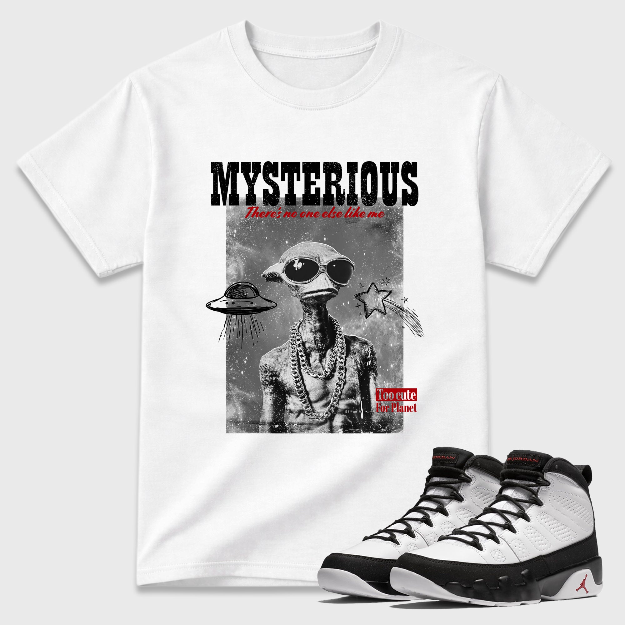 Mysterious Dude Graphic T-Shirt featuring original streetwear artwork designed to match the Air Jordan 9 True Red. White 1 Graphic T-Shirt.
