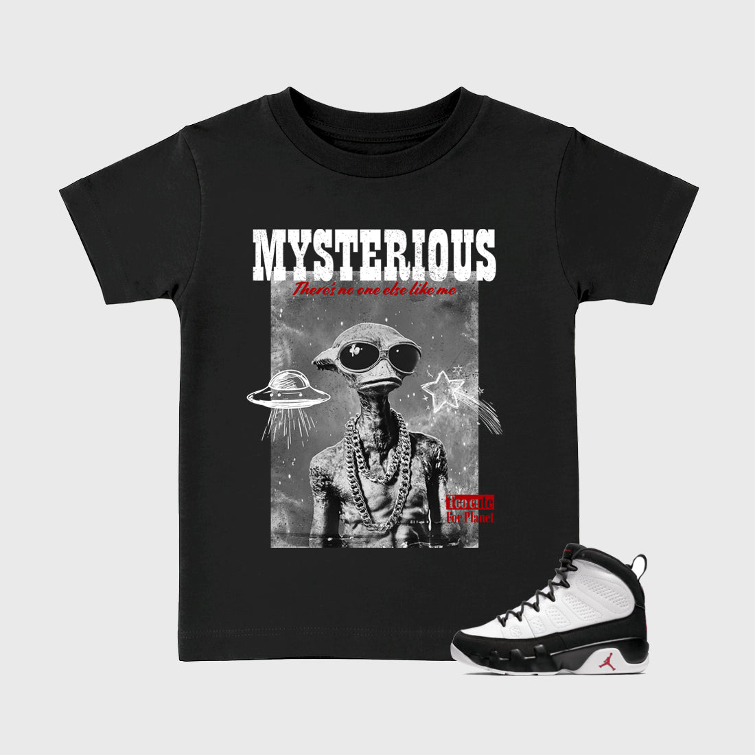 Mysterious Dude Baby & Kids Graphic T-Shirt featuring original artwork designed to match the Air Jordan 9 True Red. Black 1 Kids Graphic Tee.