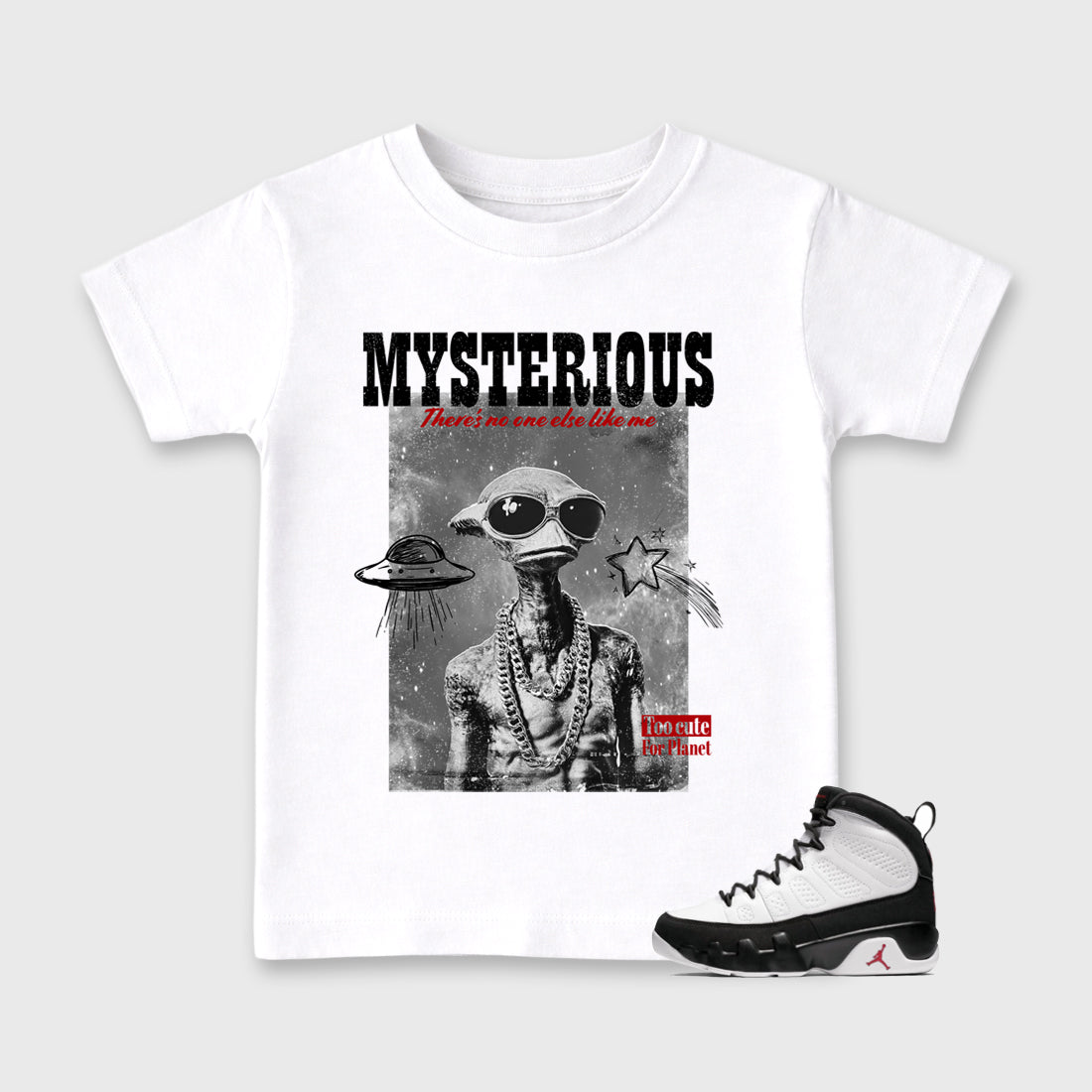 Mysterious Dude Baby & Kids Graphic T-Shirt featuring original artwork designed to match the Air Jordan 9 True Red. White 1 Kids Graphic Tee.