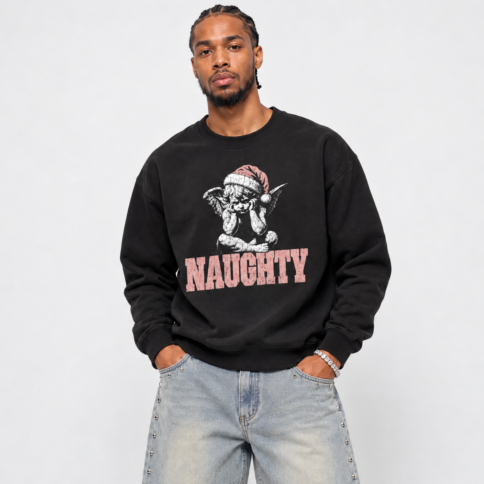 Naughty Angel Graphic T-Shirt featuring original streetwear artwork designed to match the Air Jordan 4 Pink Thunder. Black 1 Graphic Tee.