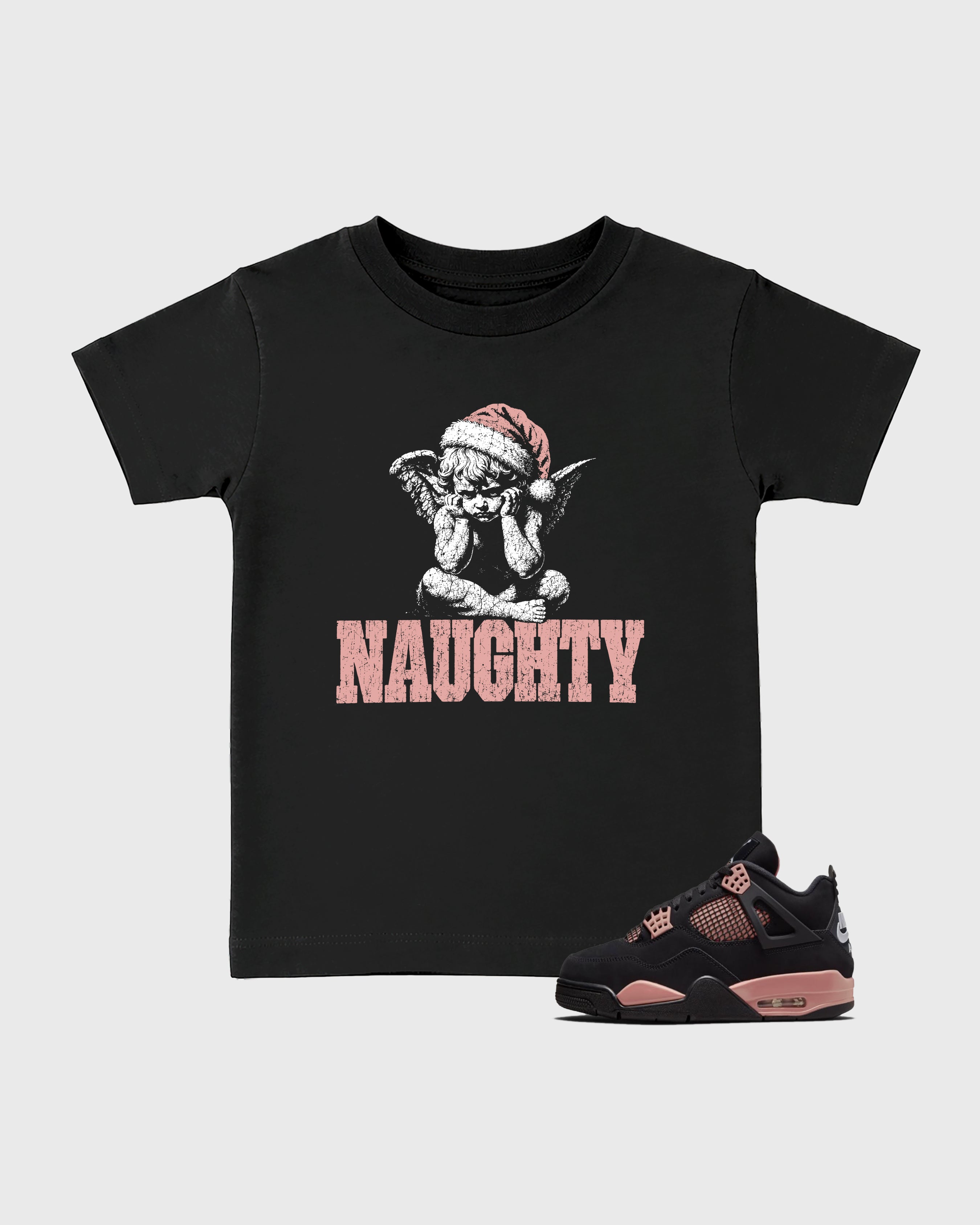 Naughty Angel Baby & Kids Graphic T-Shirt featuring original artwork designed to match the Air Jordan 4 Pink Thunder. Black 1 Kids Graphic Tee.