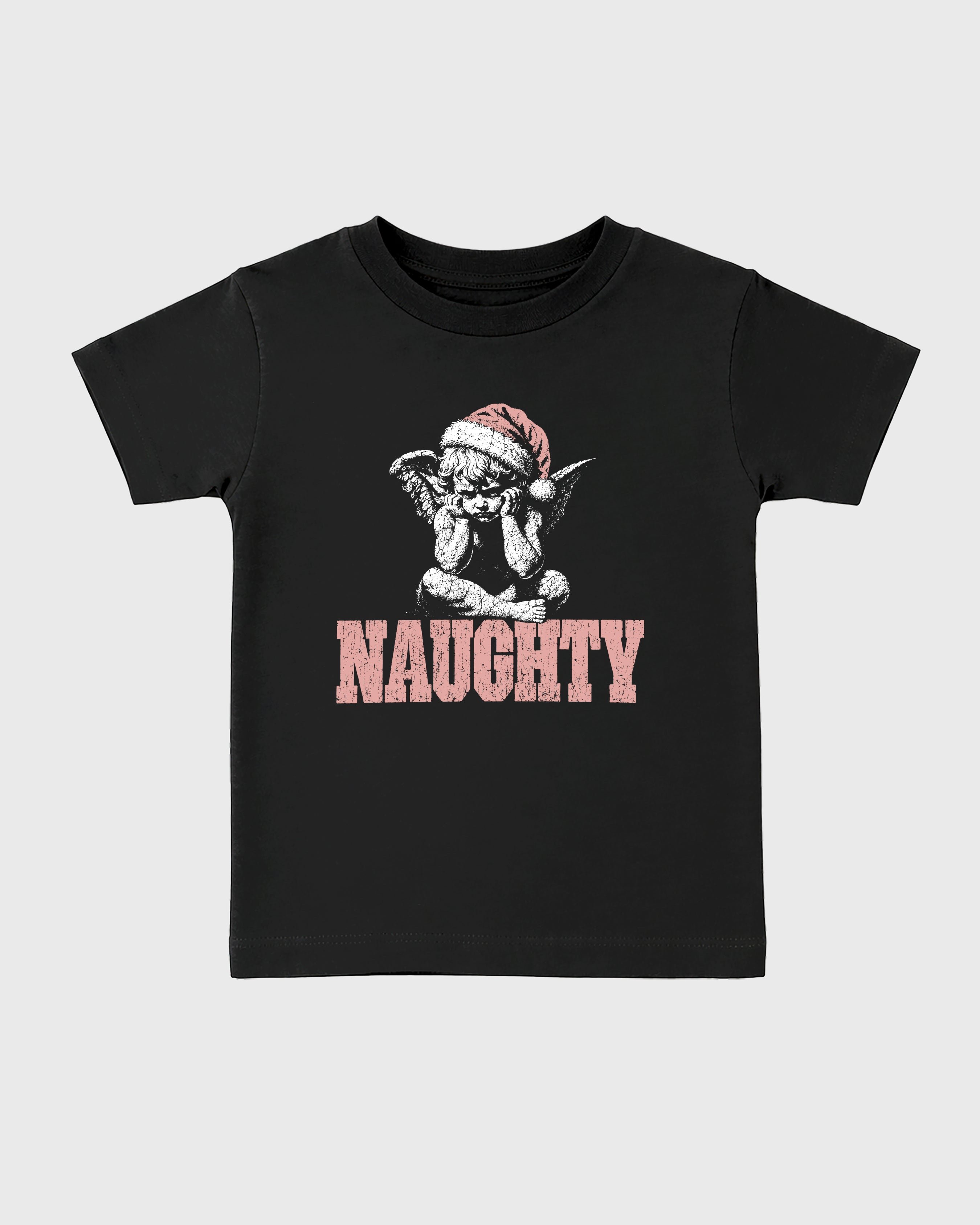 Naughty Angel Baby & Kids Graphic T-Shirt featuring original artwork designed to match the Air Jordan 4 Pink Thunder. Black 2 Kids Graphic Tee.