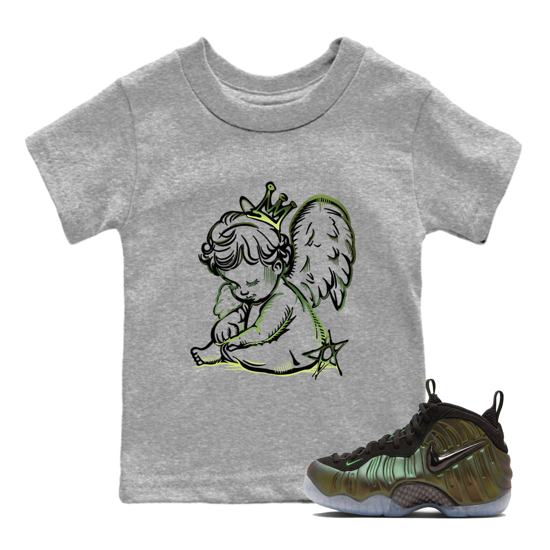 Sneaker match tees – Sneaker Tees To Match Air Foamposite One Pine Green Shoes – Neon Angel Kids T-Shirt Heather Grey 1