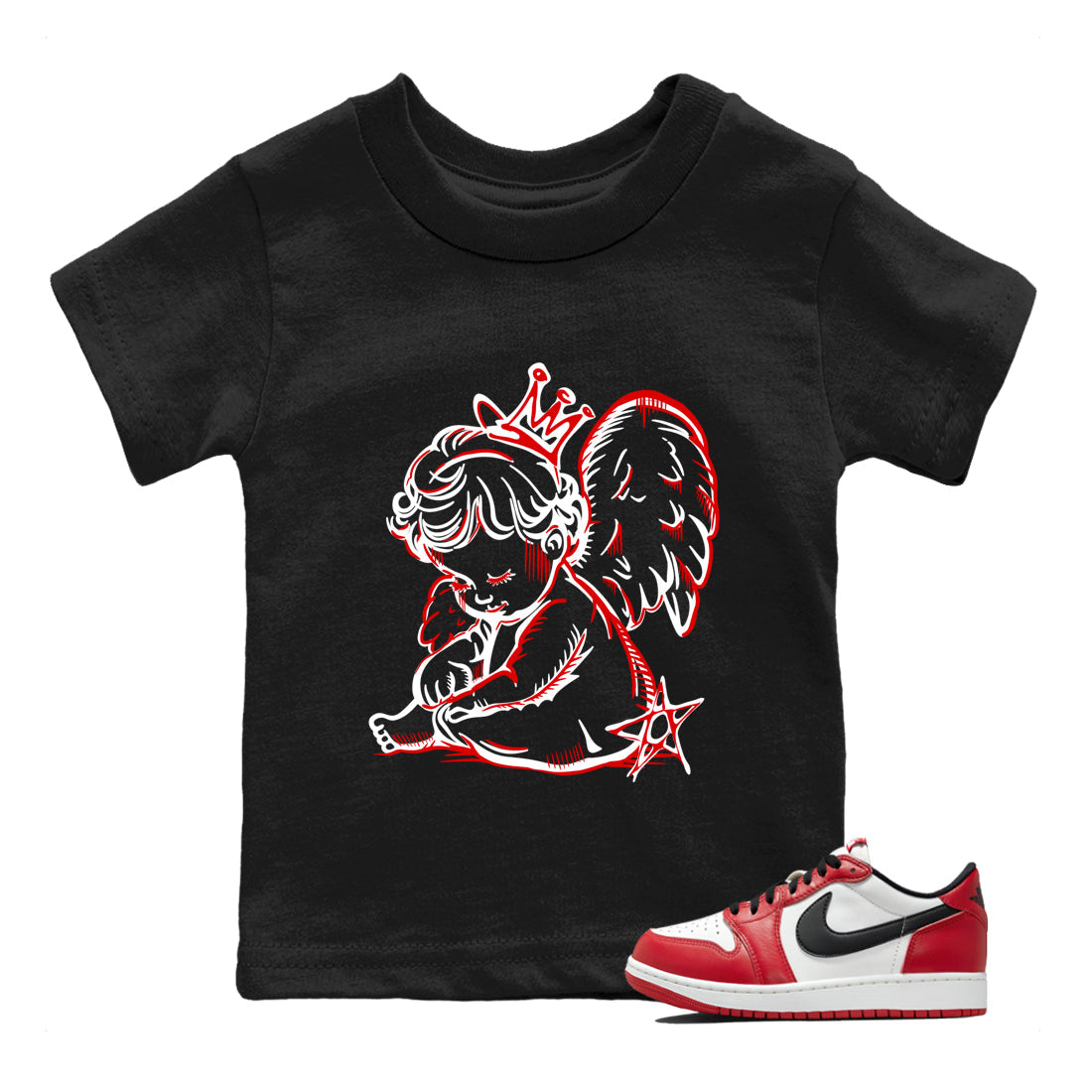 Best Sneakerfit graphic tee – Sneaker Tees To Match Air Jordan 1 Low Chicago Sneakers – Neon Angel Kids T-Shirt Black 1
