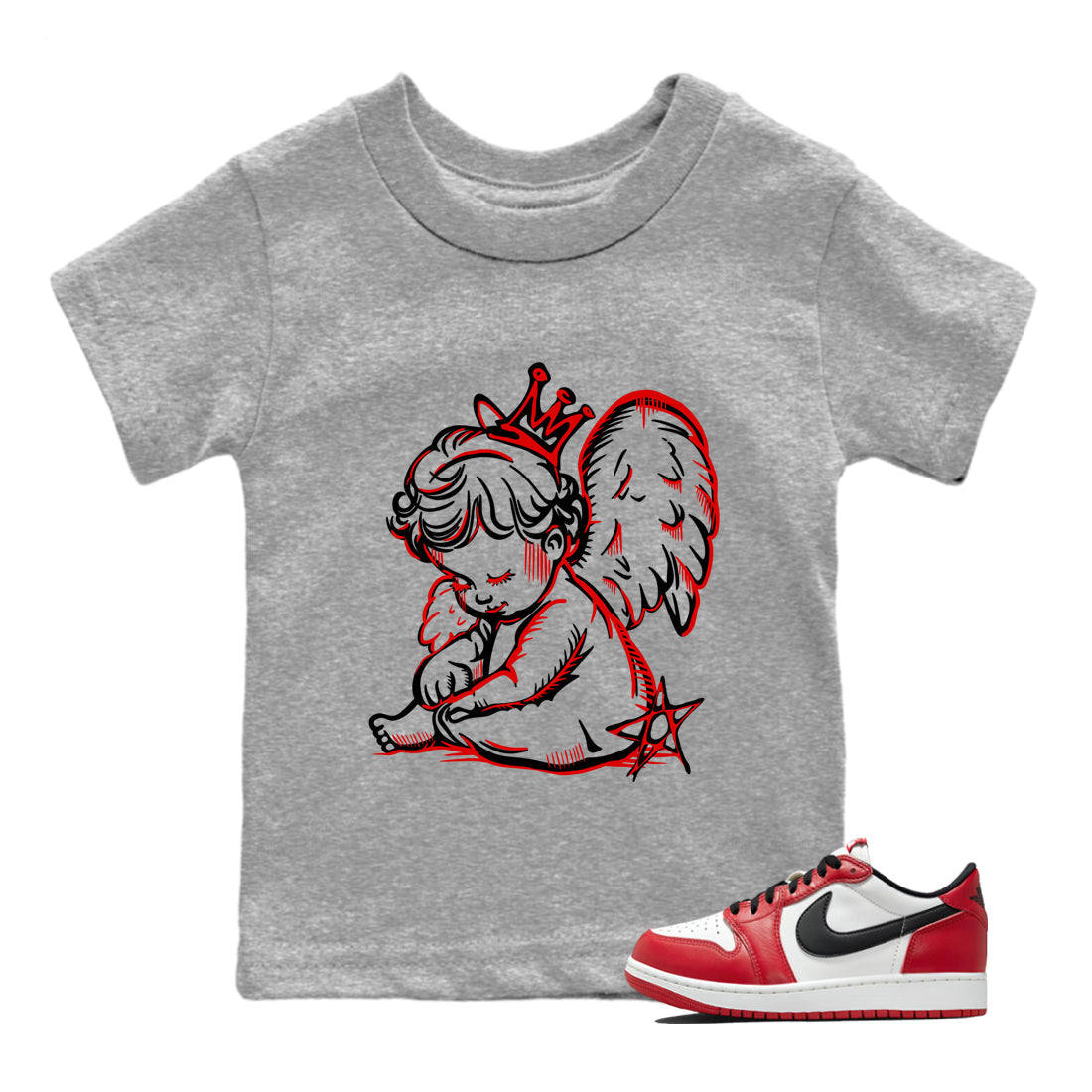 Best Sneakerfit graphic tee – Sneaker Tees To Match Air Jordan 1 Low Chicago Sneakers – Neon Angel Kids T-Shirt Heather Grey 1