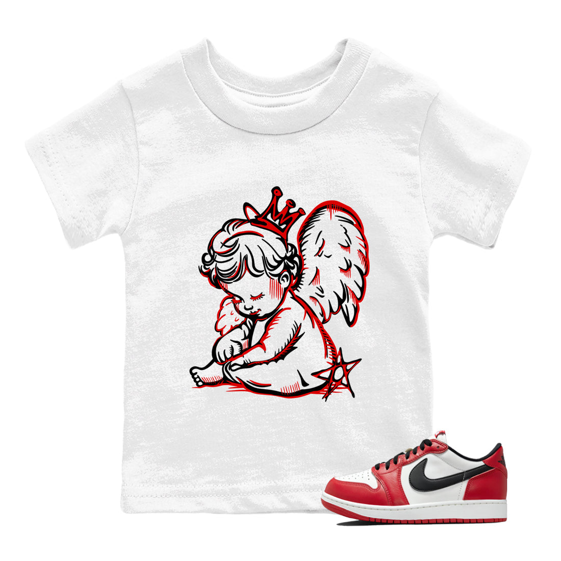 Best Sneakerfit graphic tee – Sneaker Tees To Match Air Jordan 1 Low Chicago Sneakers – Neon Angel Kids T-Shirt White 1