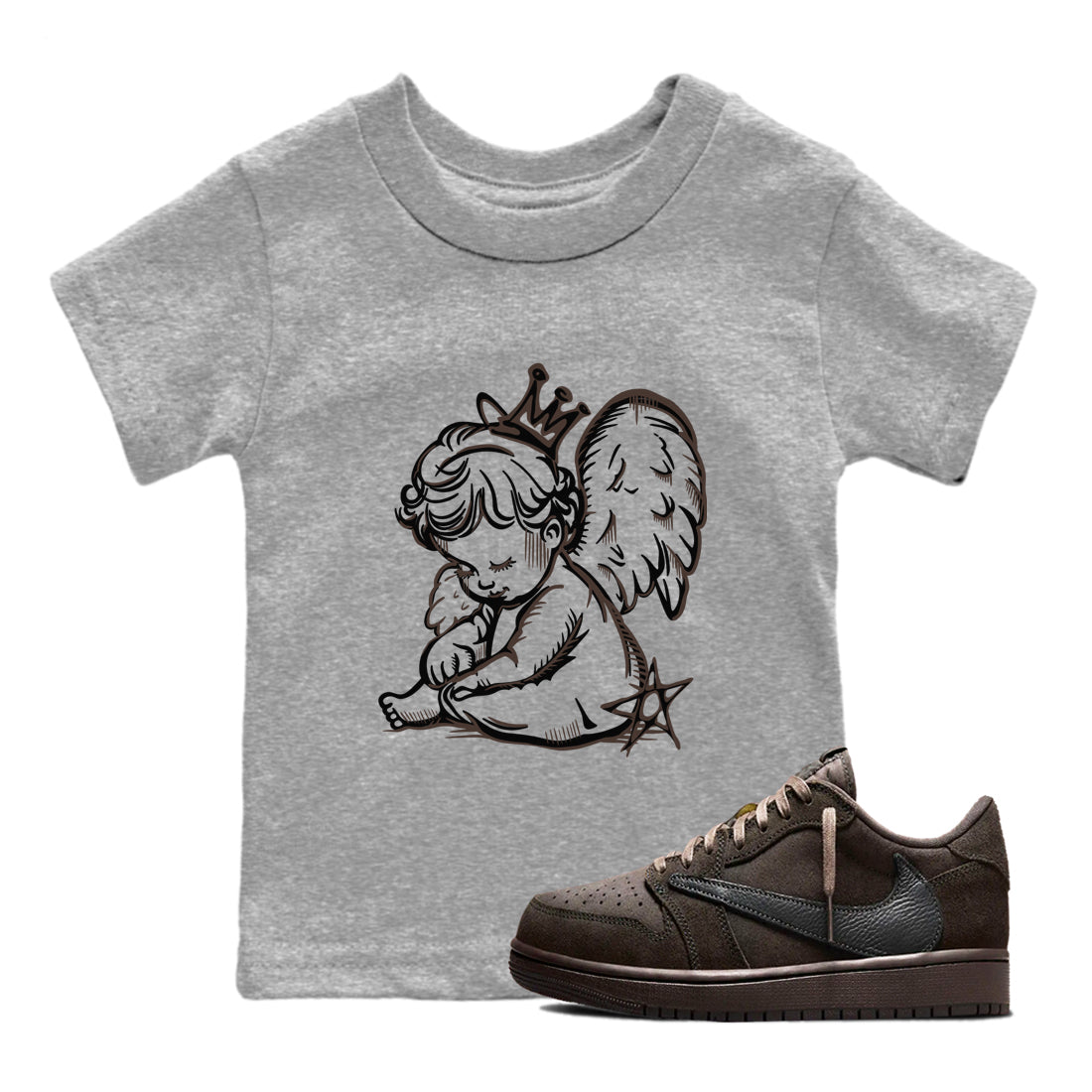 1s Travis Scott Velvet Brown shirts to match jordans Neon Angel best t shirts to wear with jordans Travis Scott x Air Jordan 1 Low OG Velvet Brown match shoes to clothes SNRT Sneaker Tees Youth Baby Heather Grey 1 tee