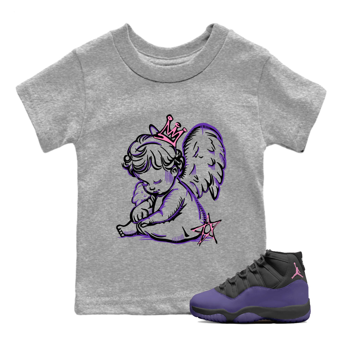Sneaker match tees – Sneaker Tees To Match Air Jordan 11 Canyon Purple Shoes – Neon Angel Kids T-Shirt Heather Grey 1