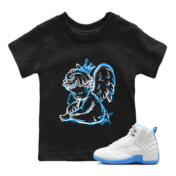 Neon Angel baby and kids t-shirt crafted for little sneakerheads to shine with the Air Jordan 12 White and University Blue sneakers, displayed in Black 1.