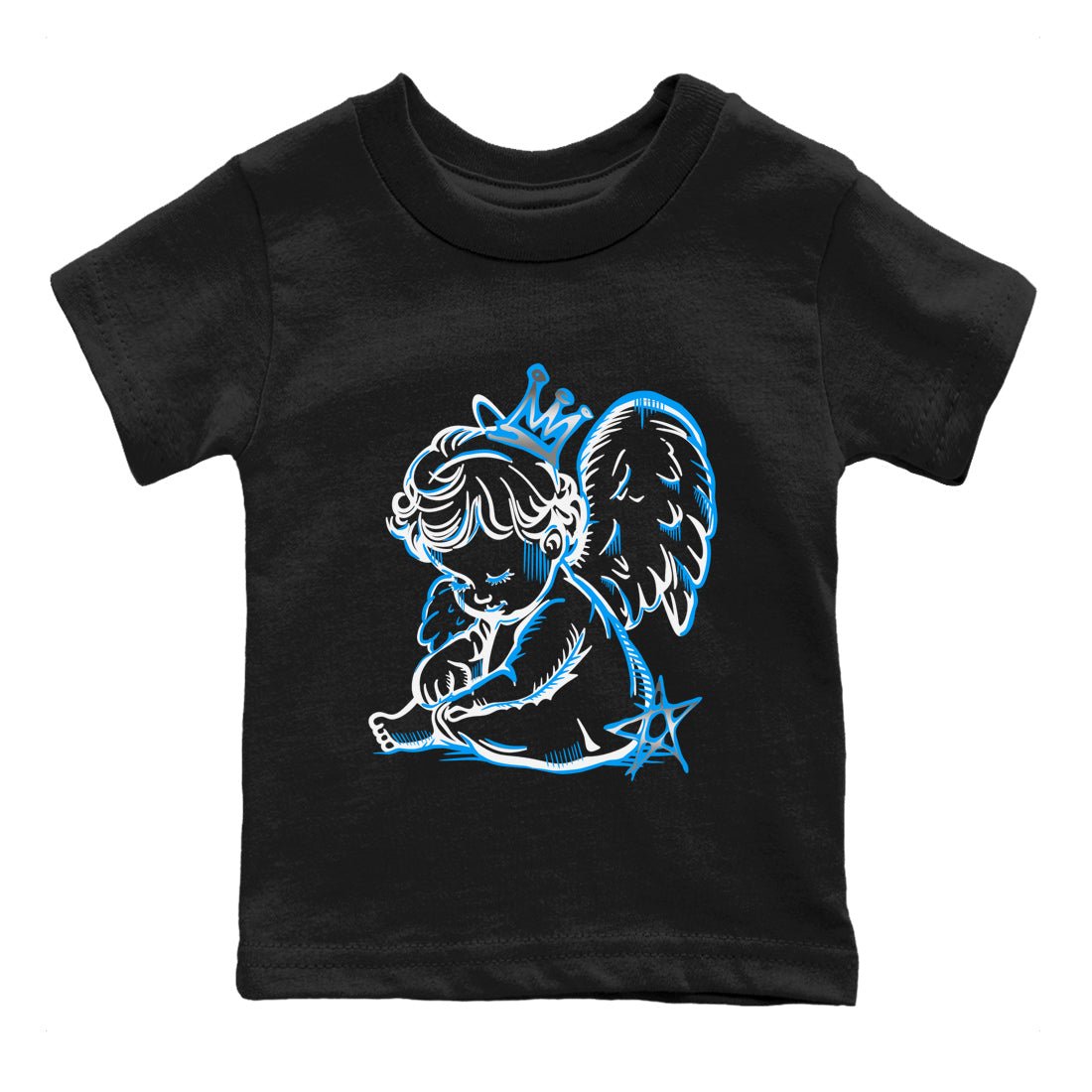 Neon Angel baby and kids t-shirt crafted for little sneakerheads to shine with the Air Jordan 12 White and University Blue sneakers, displayed in Black 2.