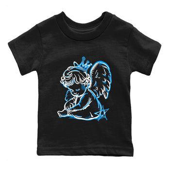 Neon Angel baby and kids t-shirt crafted for little sneakerheads to shine with the Air Jordan 12 White and University Blue sneakers, displayed in Black 2.