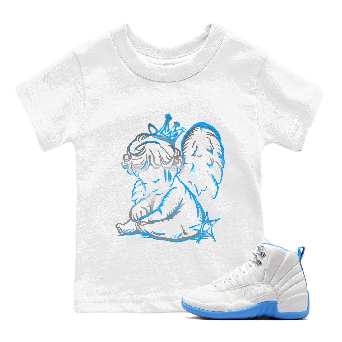 Neon Angel baby and kids t-shirt crafted for little sneakerheads to shine with the Air Jordan 12 White and University Blue sneakers, displayed in White 1.