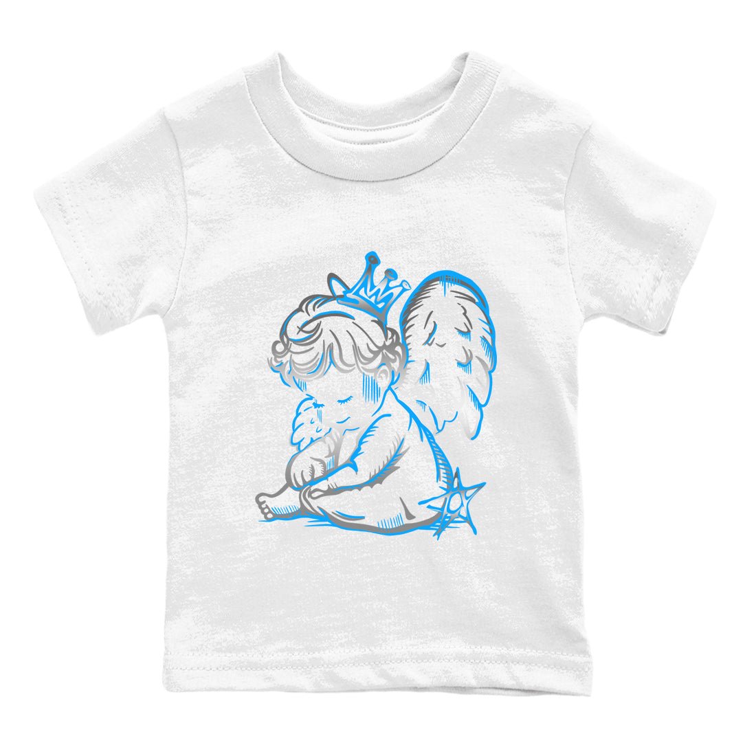 Neon Angel baby and kids t-shirt crafted for little sneakerheads to shine with the Air Jordan 12 White and University Blue sneakers, displayed in White 2.