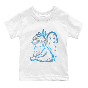 Neon Angel baby and kids t-shirt crafted for little sneakerheads to shine with the Air Jordan 12 White and University Blue sneakers, displayed in White 2.