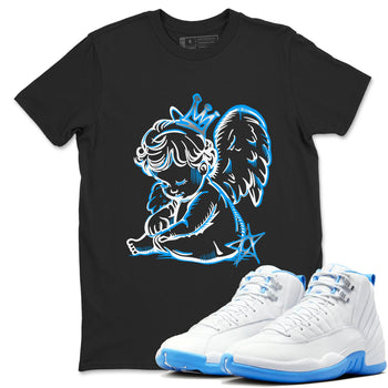Neon Angel sneaker match t-shirt styled to complete your fit with the Air Jordan 12 White and University Blue sneakers, shown in Black 1.