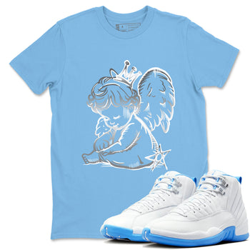 Neon Angel sneaker match t-shirt styled to complete your fit with the Air Jordan 12 White and University Blue sneakers, shown in Carolina Blue 1.