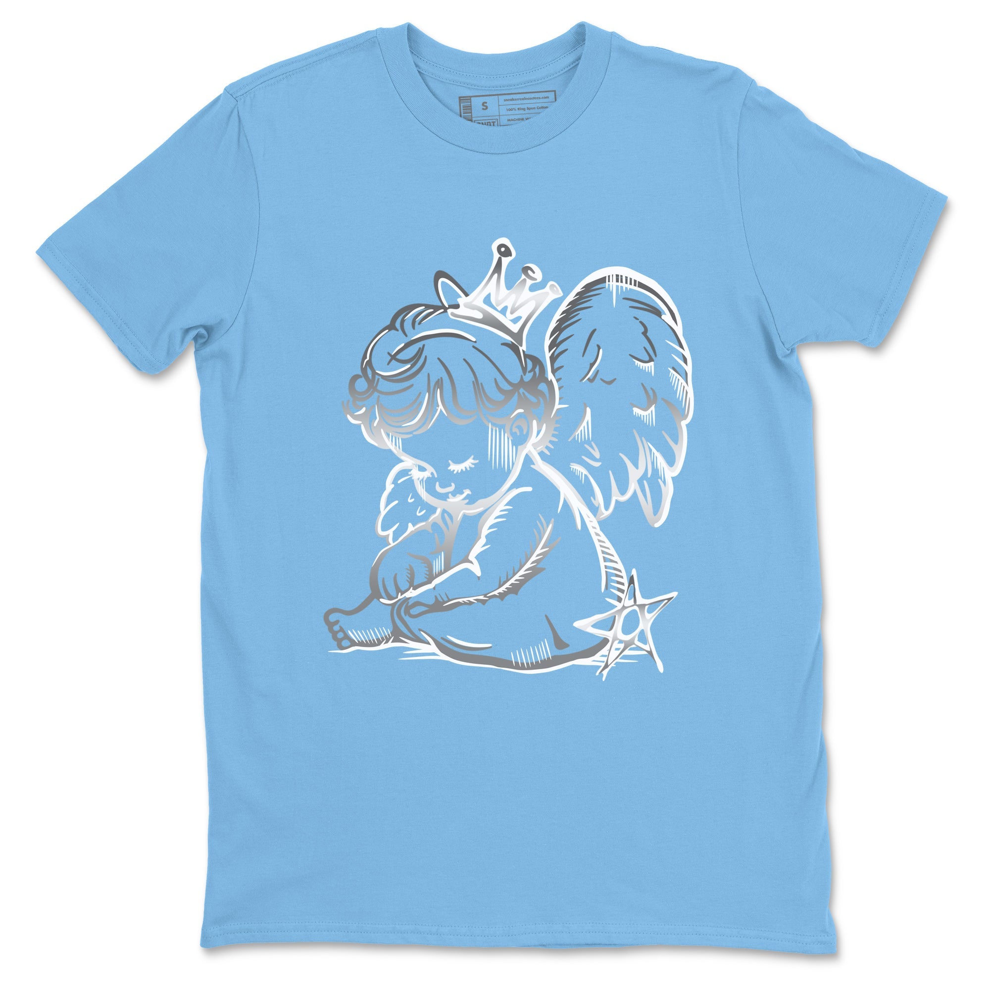 Neon Angel sneaker match t-shirt styled to complete your fit with the Air Jordan 12 White and University Blue sneakers, shown in Carolina Blue 2.