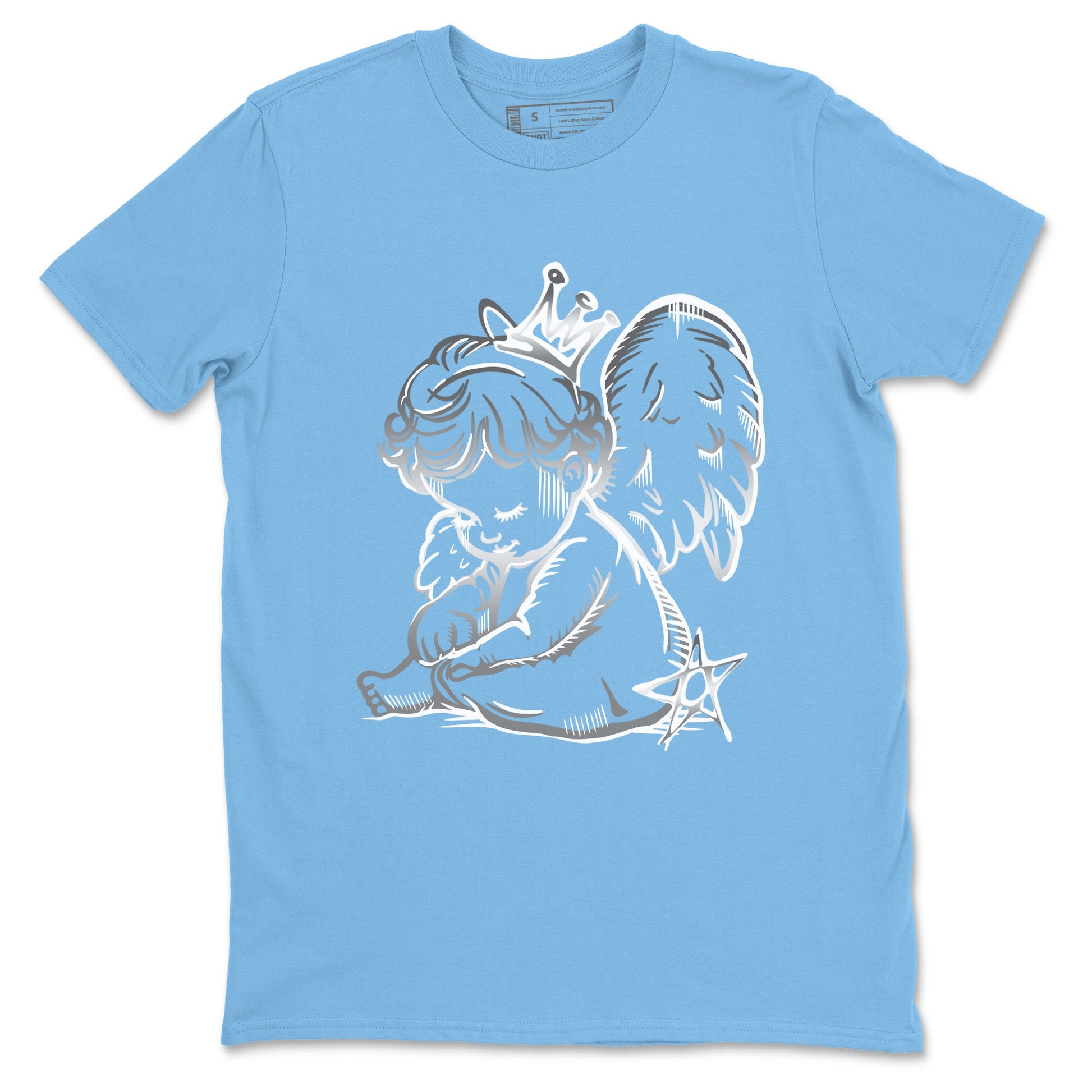 Neon Angel sneaker match t-shirt styled to complete your fit with the Air Jordan 12 White and University Blue sneakers, shown in Carolina Blue 2.