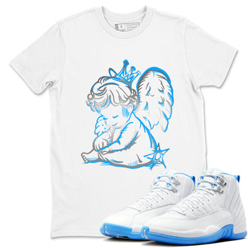 Neon Angel sneaker match t-shirt styled to complete your fit with the Air Jordan 12 White and University Blue sneakers, shown in White 1.