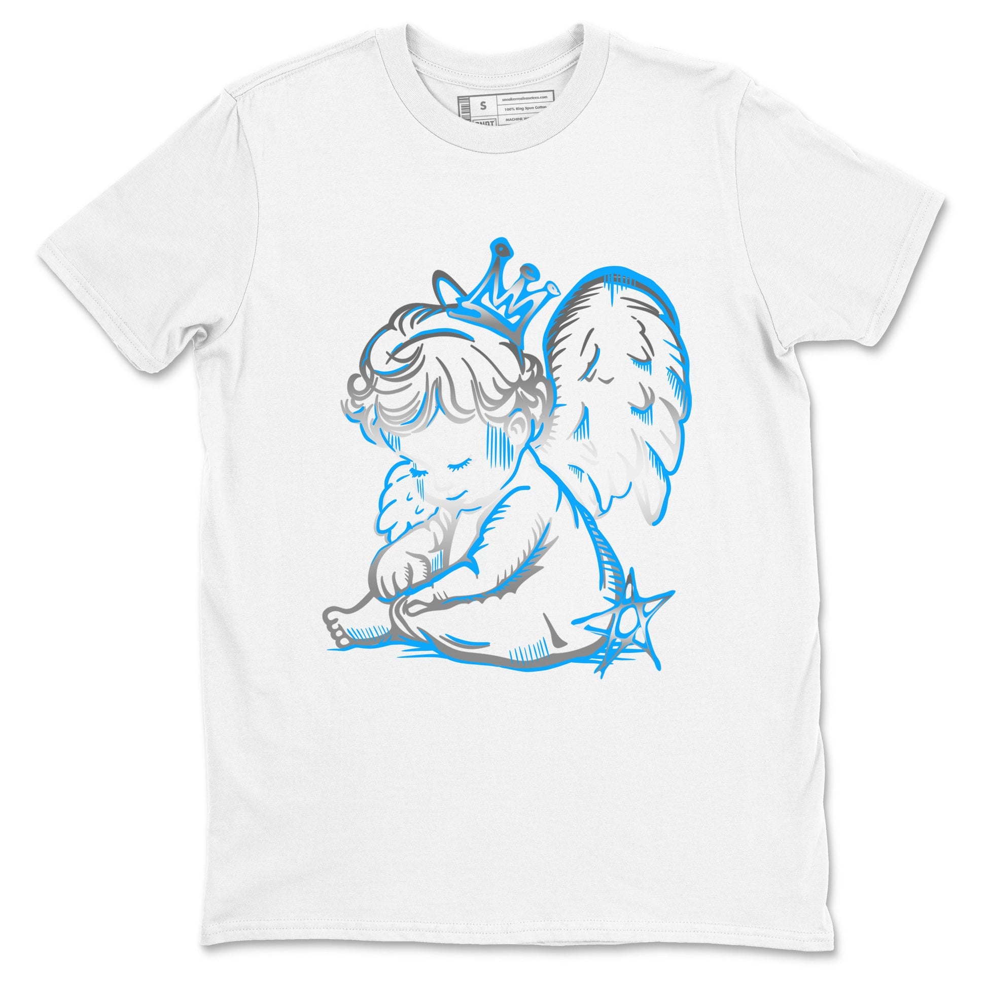 Neon Angel sneaker match t-shirt styled to complete your fit with the Air Jordan 12 White and University Blue sneakers, shown in White 2.