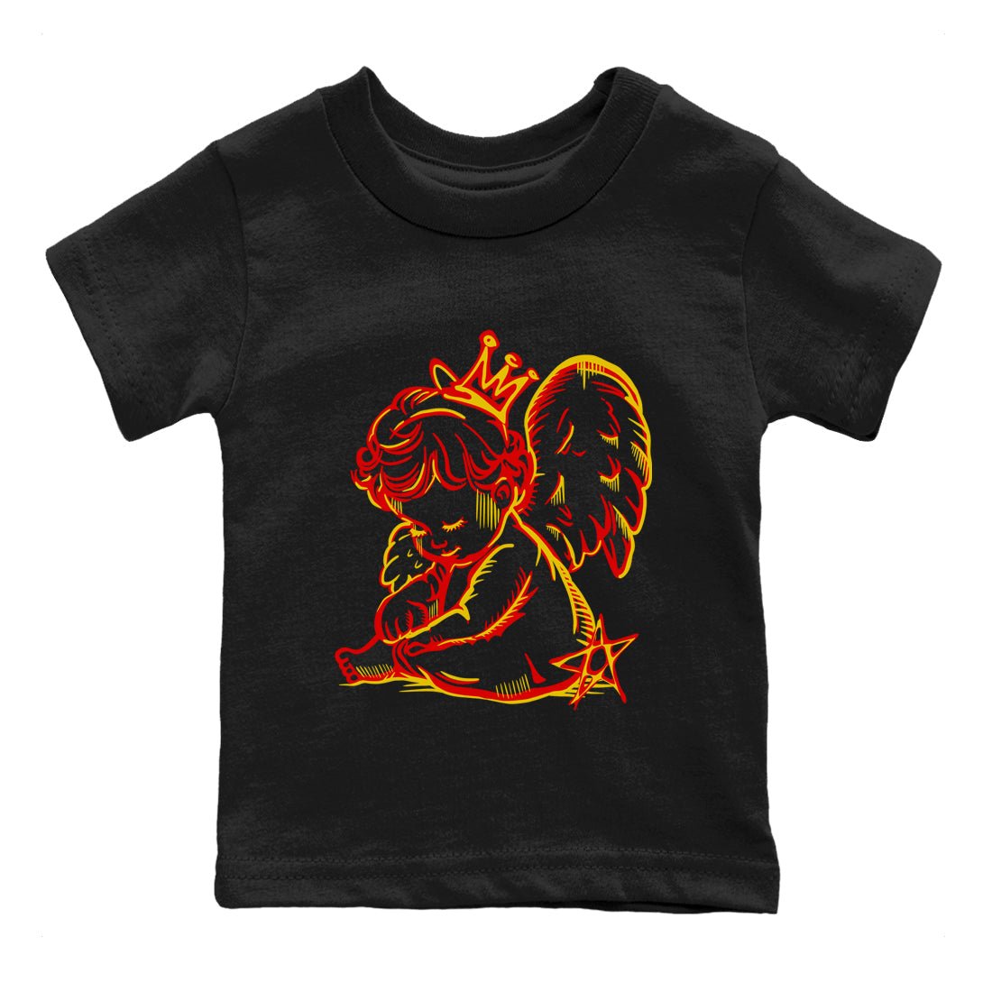 Neon Angel baby and kids t-shirt crafted for little sneakerheads to shine with the Air Jordan 14 Challenge Red sneakers, AJ14 Ferrari,  displayed in Black 2.