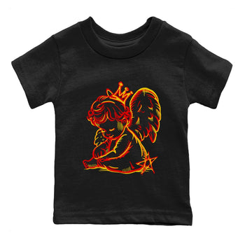 Neon Angel baby and kids t-shirt crafted for little sneakerheads to shine with the Air Jordan 14 Challenge Red sneakers, AJ14 Ferrari,  displayed in Black 2.