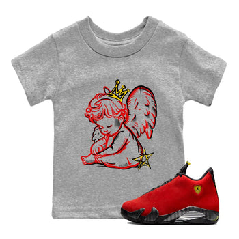 Neon Angel baby and kids t-shirt crafted for little sneakerheads to shine with the Air Jordan 14 Challenge Red sneakers, AJ14 Ferrari,  displayed in Heather Grey 1.