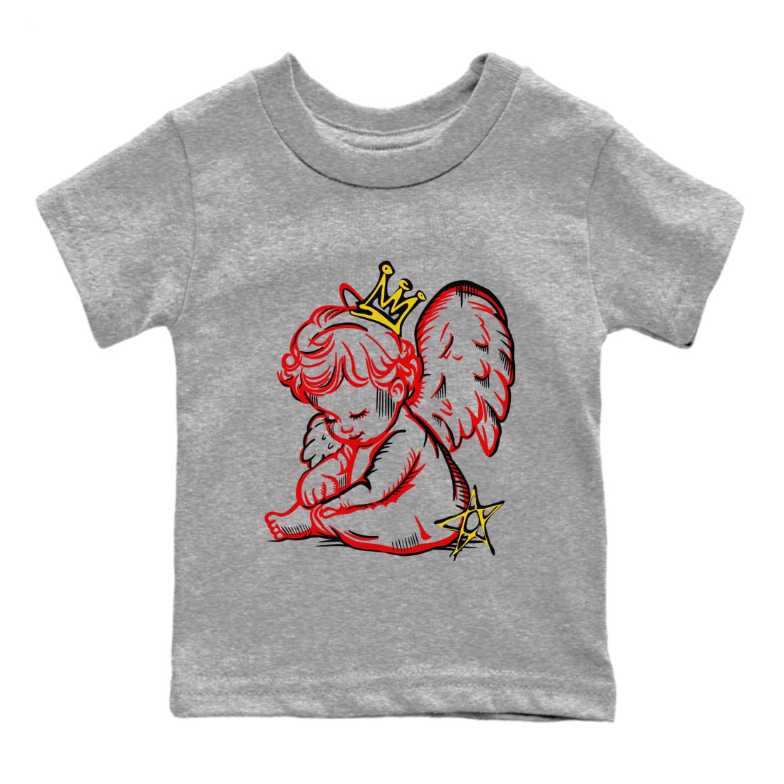 Neon Angel baby and kids t-shirt crafted for little sneakerheads to shine with the Air Jordan 14 Challenge Red sneakers, AJ14 Ferrari,  displayed in Heather Grey 2.