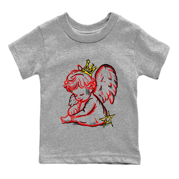 Neon Angel baby and kids t-shirt crafted for little sneakerheads to shine with the Air Jordan 14 Challenge Red sneakers, AJ14 Ferrari,  displayed in Heather Grey 2.