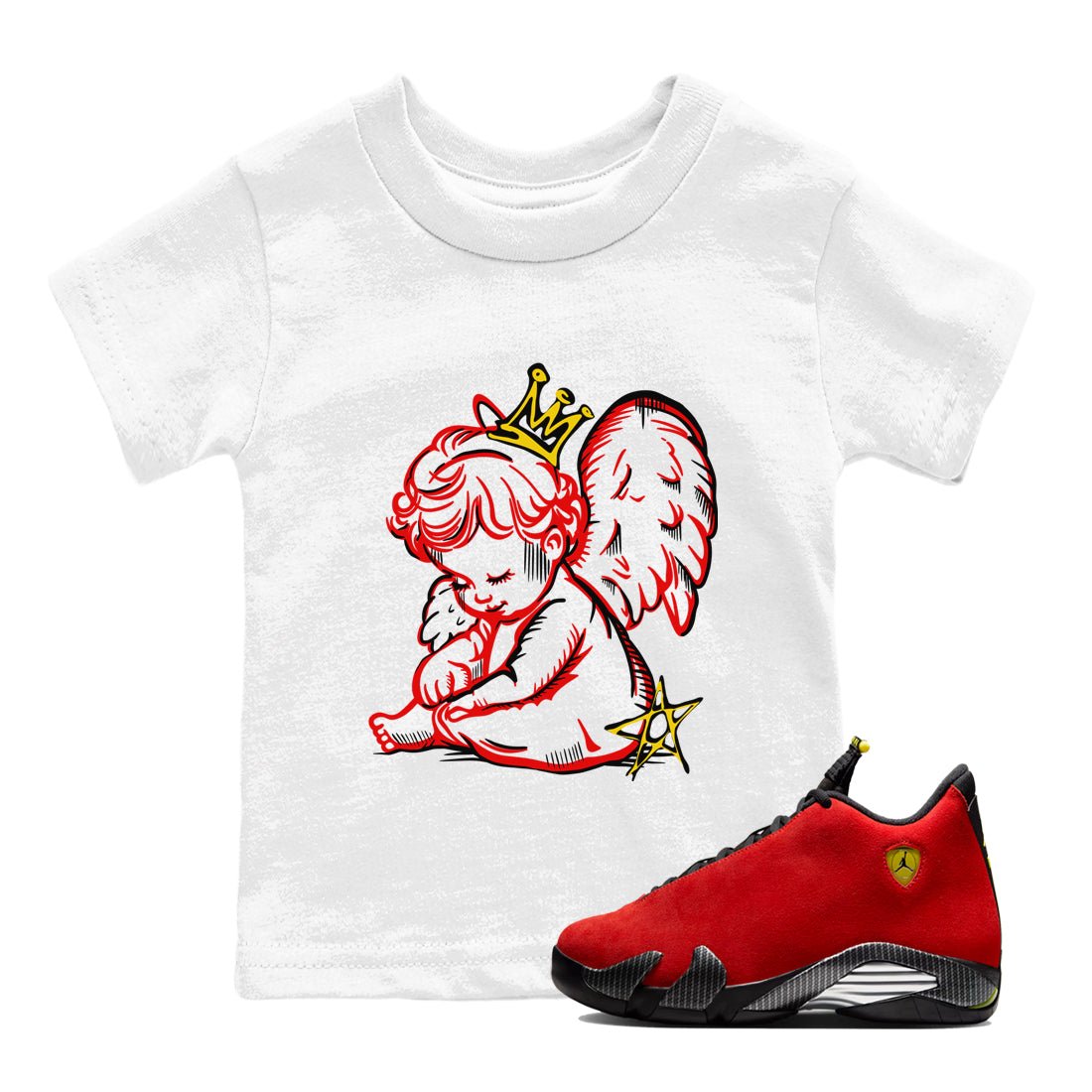 Neon Angel baby and kids t-shirt crafted for little sneakerheads to shine with the Air Jordan 14 Challenge Red sneakers, AJ14 Ferrari,  displayed in White 1.