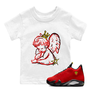Neon Angel baby and kids t-shirt crafted for little sneakerheads to shine with the Air Jordan 14 Challenge Red sneakers, AJ14 Ferrari,  displayed in White 1.