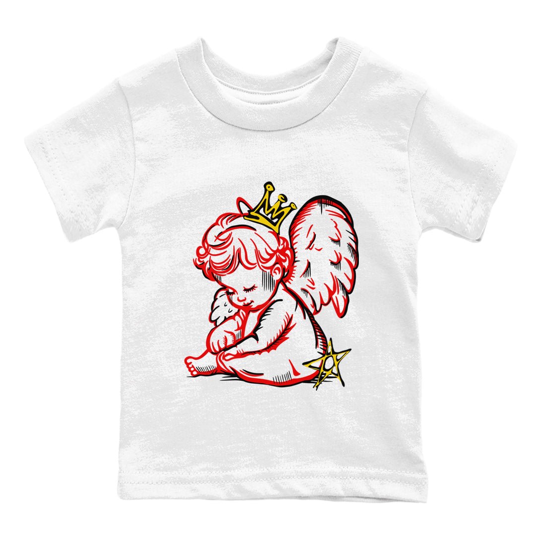 Neon Angel baby and kids t-shirt crafted for little sneakerheads to shine with the Air Jordan 14 Challenge Red sneakers, AJ14 Ferrari,  displayed in White 2.