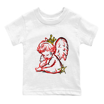 Neon Angel baby and kids t-shirt crafted for little sneakerheads to shine with the Air Jordan 14 Challenge Red sneakers, AJ14 Ferrari,  displayed in White 2.
