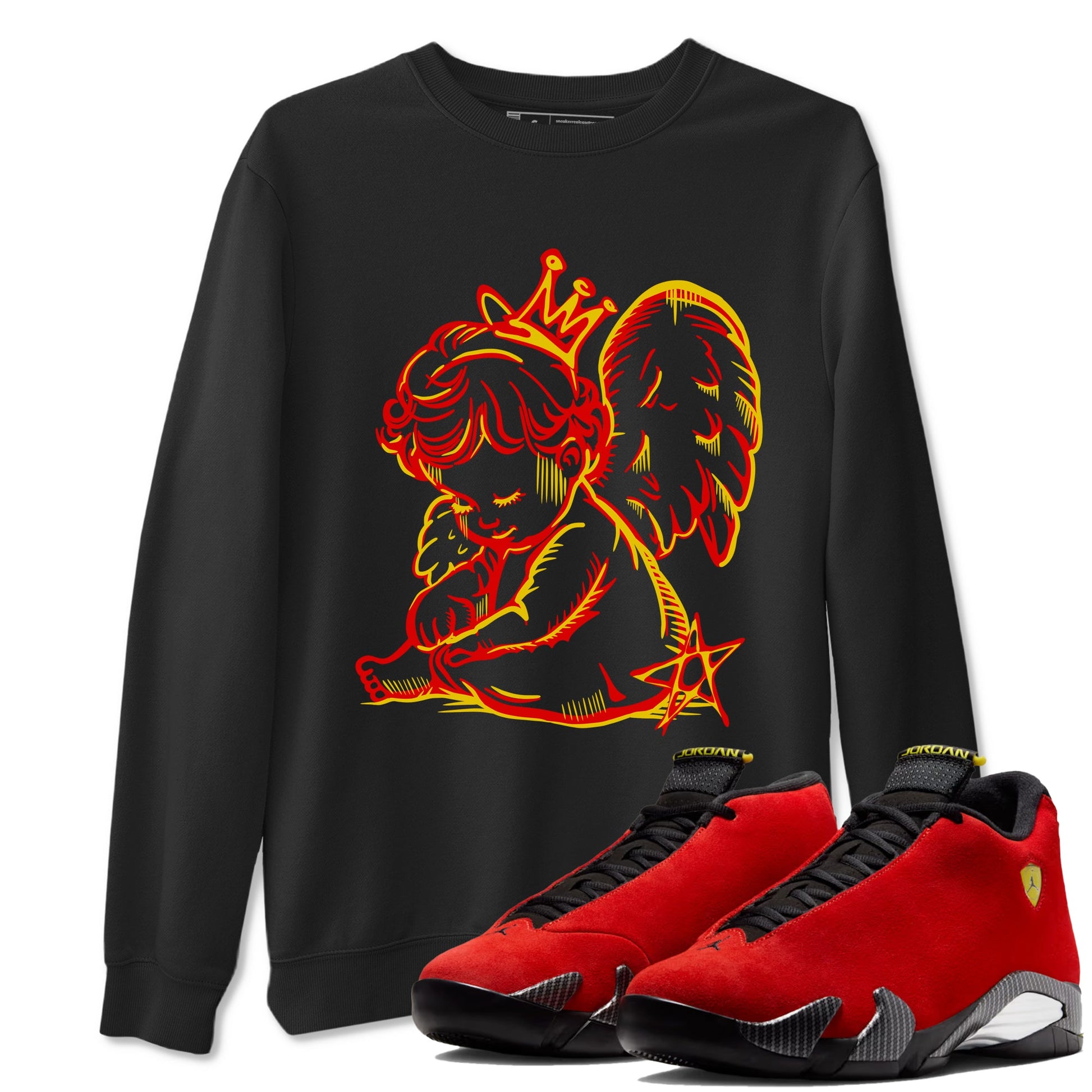 Neon Angel sneaker match t-shirt styled to complete your fit with the Air Jordan 14 Challenge Red sneakers, AJ14 Ferrari,  shown in Black 1.
