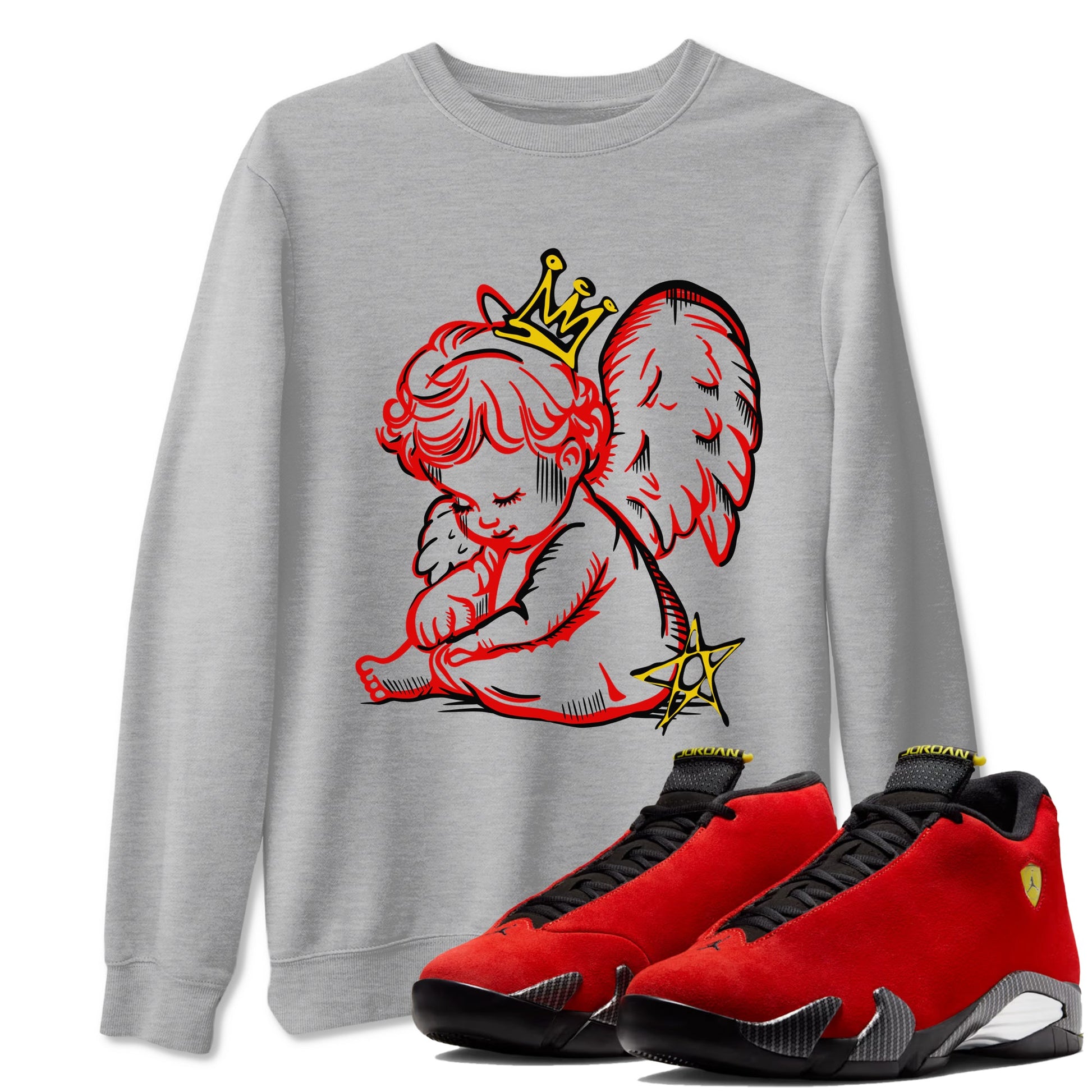 Neon Angel sneaker match t-shirt styled to complete your fit with the Air Jordan 14 Challenge Red sneakers, AJ14 Ferrari,  shown in Heather Grey 1.