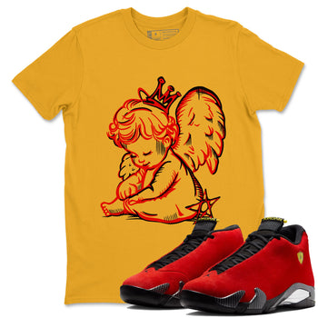 Neon Angel sneaker match t-shirt styled to complete your fit with the Air Jordan 14 Challenge Red sneakers, AJ14 Ferrari,  shown in Gold 1.