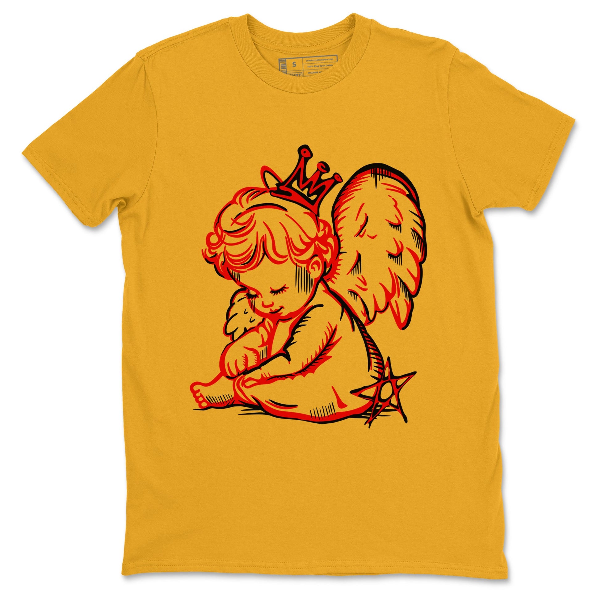 Neon Angel sneaker match t-shirt styled to complete your fit with the Air Jordan 14 Challenge Red sneakers, AJ14 Ferrari,  shown in Gold 2.