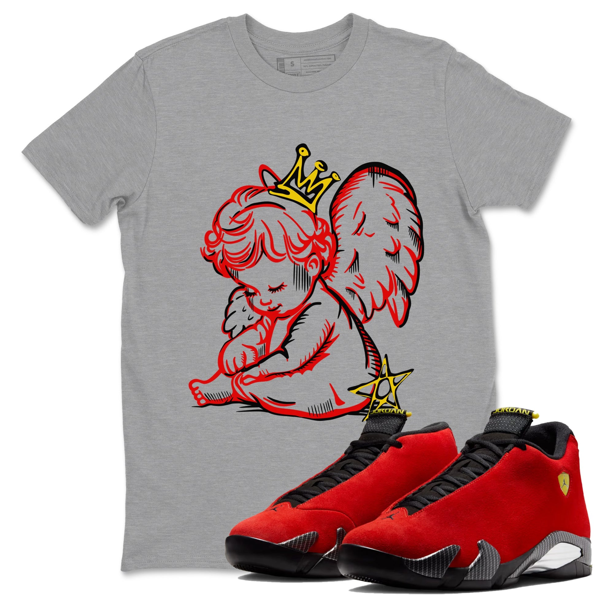 Neon Angel sneaker match t-shirt styled to complete your fit with the Air Jordan 14 Challenge Red sneakers, AJ14 Ferrari,  shown in Heather Grey 1.
