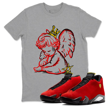 Neon Angel sneaker match t-shirt styled to complete your fit with the Air Jordan 14 Challenge Red sneakers, AJ14 Ferrari,  shown in Heather Grey 1.