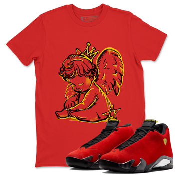 Neon Angel sneaker match t-shirt styled to complete your fit with the Air Jordan 14 Challenge Red sneakers, AJ14 Ferrari,  shown in Red 1.
