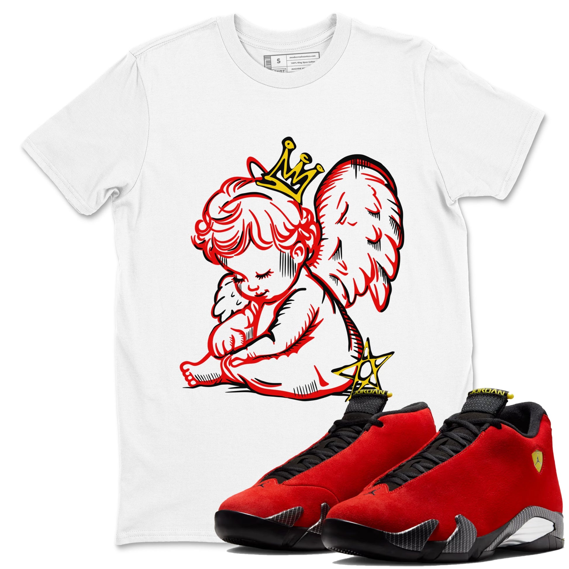 Neon Angel sneaker match t-shirt styled to complete your fit with the Air Jordan 14 Challenge Red sneakers, AJ14 Ferrari,  shown in White 1.