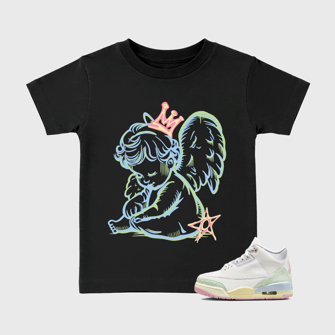 Sneaker match tees – Sneaker Tees To Match Air Jordan 3 Jade Aura Shoes – Neon Angel Kids T-Shirt Black 1